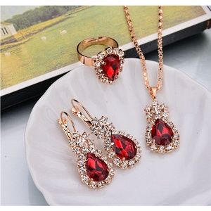 Red Necklace Set / Gold Wedding Jewelry with Ring